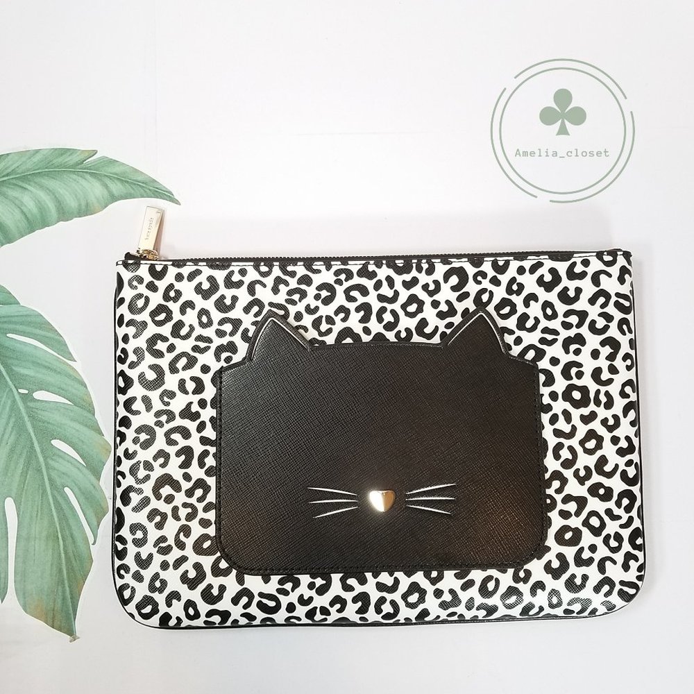MAKE AN OFFER NEW kate spade meow cat large zip pouch Phone Clutch Wallet Black